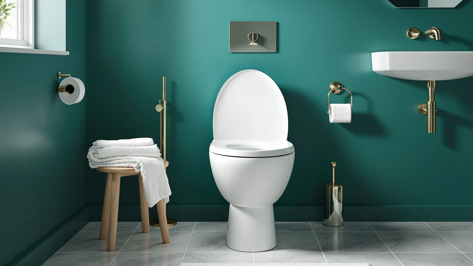 Side-by-side white toilet fitted with a bidet seat next to a toilet with a slim bidet attachment underneath the seat, teal bathroom