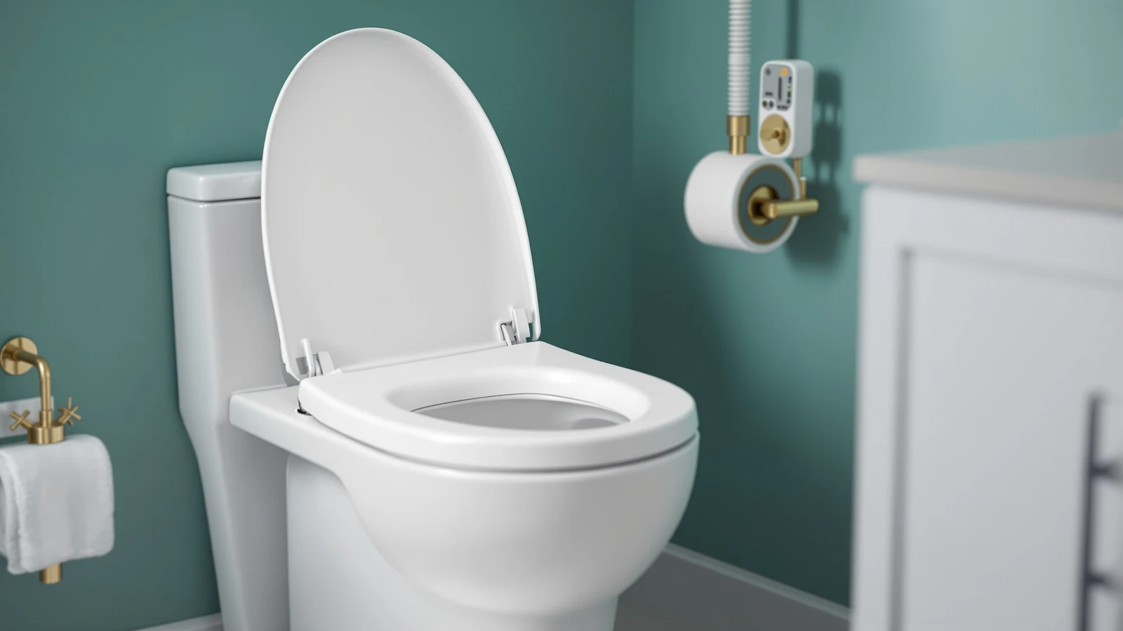 White elongated bidet toilet seat mounted on a toilet, showing the hinge and mounting-plate area at the back of the seat