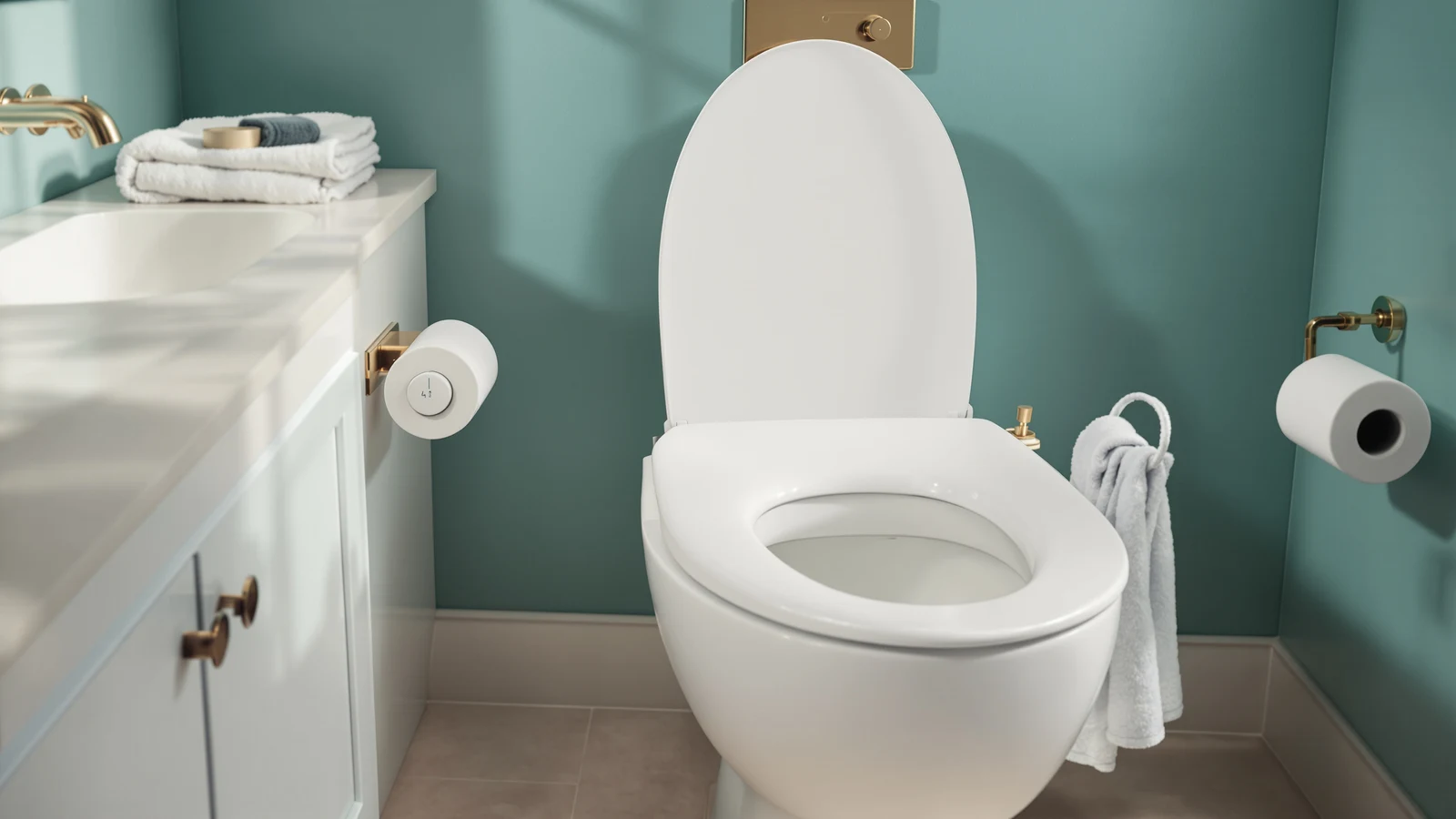 Soft, softly lit bathroom scene with a white bidet toilet seat, evoking a gentle postpartum recovery setting