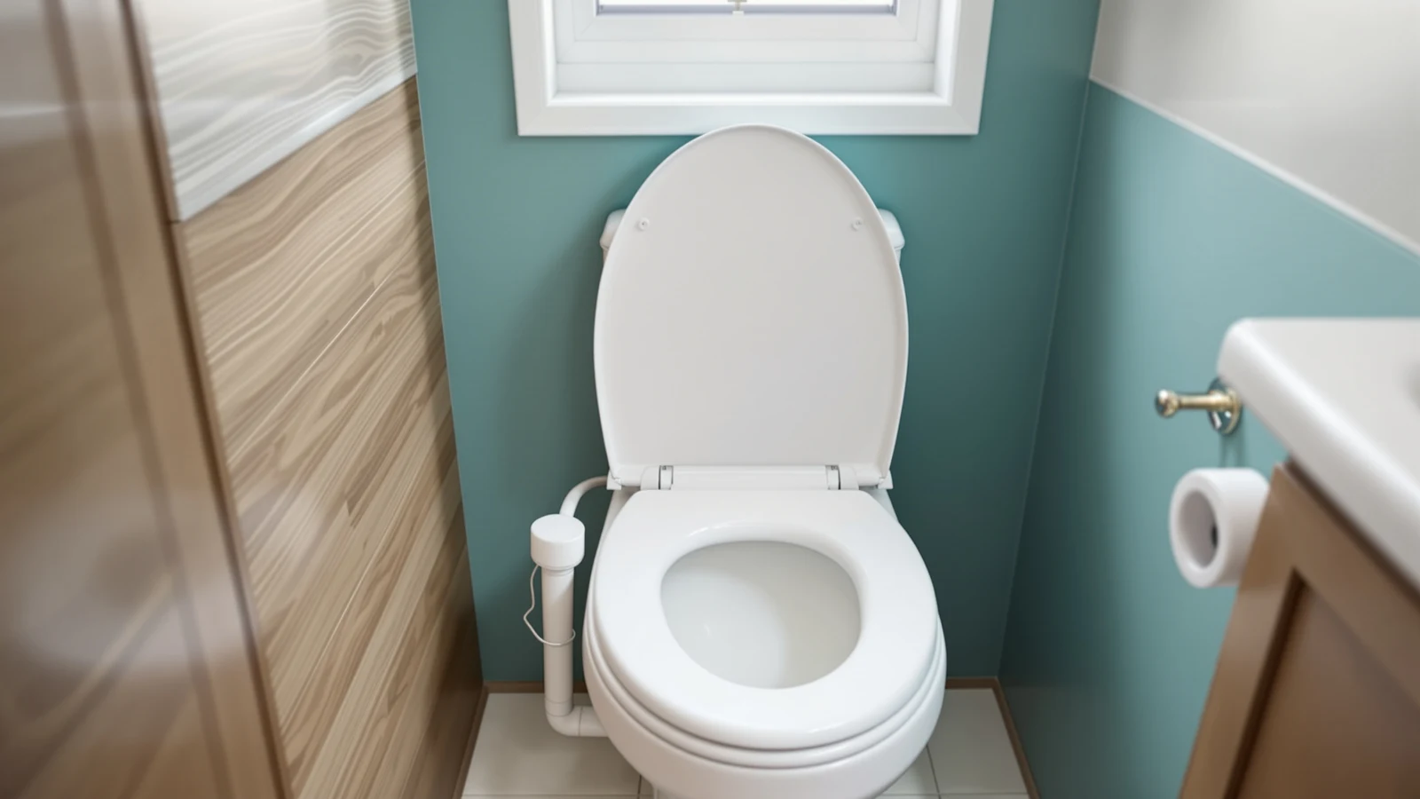A handheld bidet attachment with a coiled hose clipped beside a toilet in a compact RV bathroom with wood paneling and a small window
