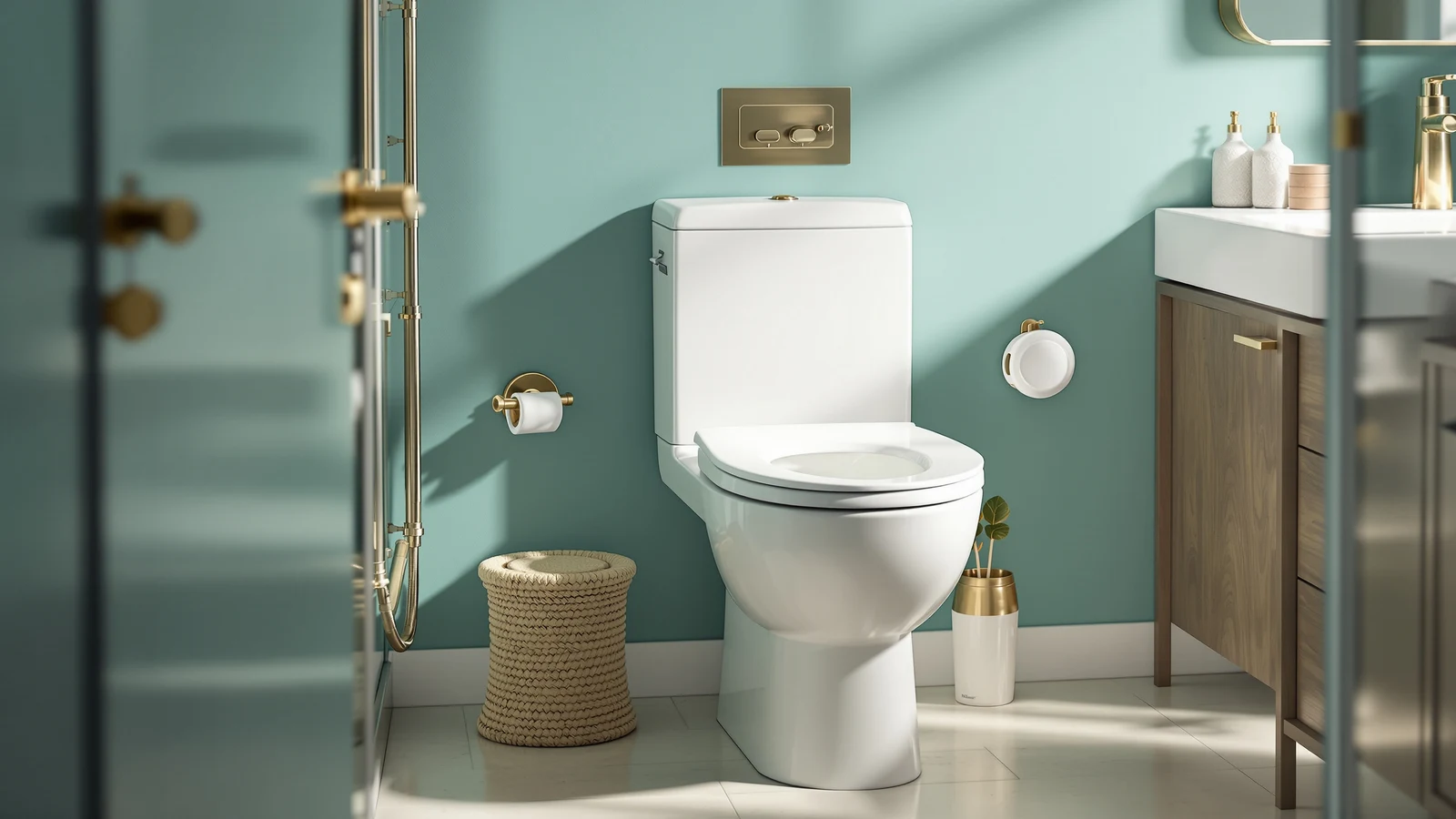 A modern bathroom with a white electric bidet toilet seat, safe for a household with young children and pets