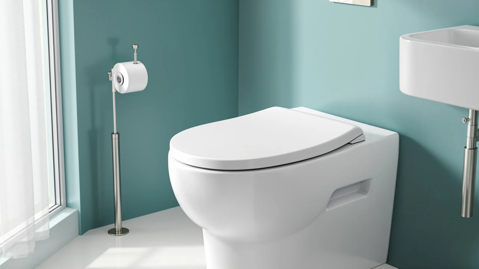 White electric bidet toilet seat on a toilet in a bright bathroom, its side control panel visible