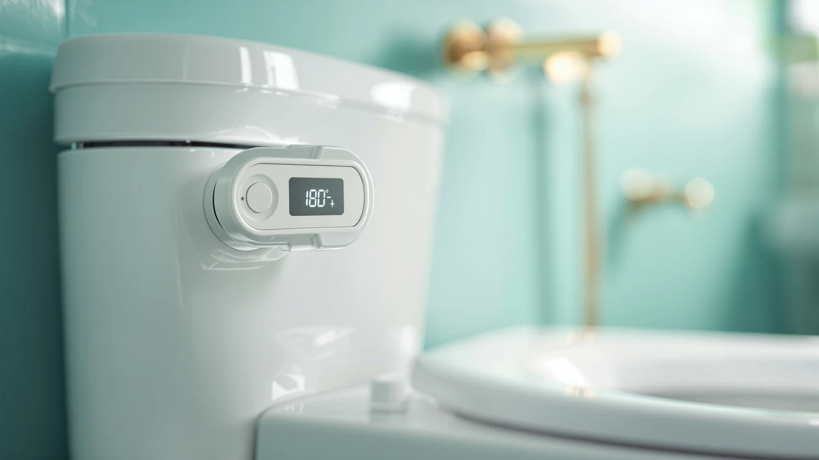 White electric bidet toilet seat with a small digital LED control panel showing temperature and mode icons