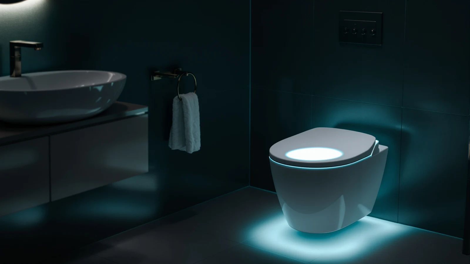 White electric bidet toilet seat in a dim bathroom at night, a soft glow visible under the bowl rim