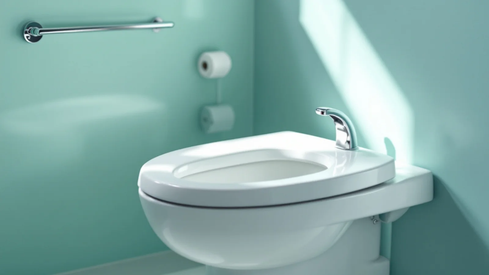 Simple bright bathroom with a compact non-electric bidet attachment on a white toilet