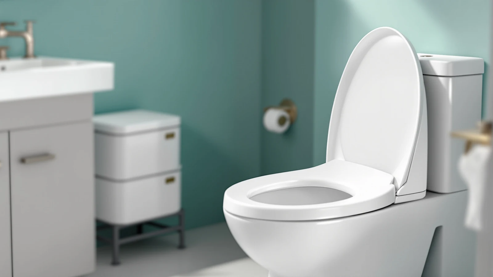 White Delta Faucet electric bidet toilet seat installed on a modern elongated toilet bowl