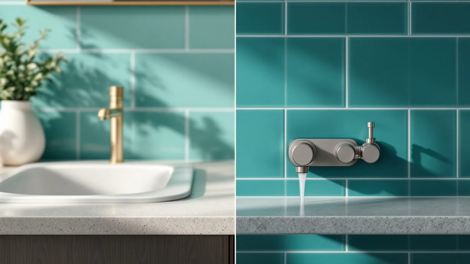 Electric bidet seat remote beside a simple non-electric water valve in a teal bathroom