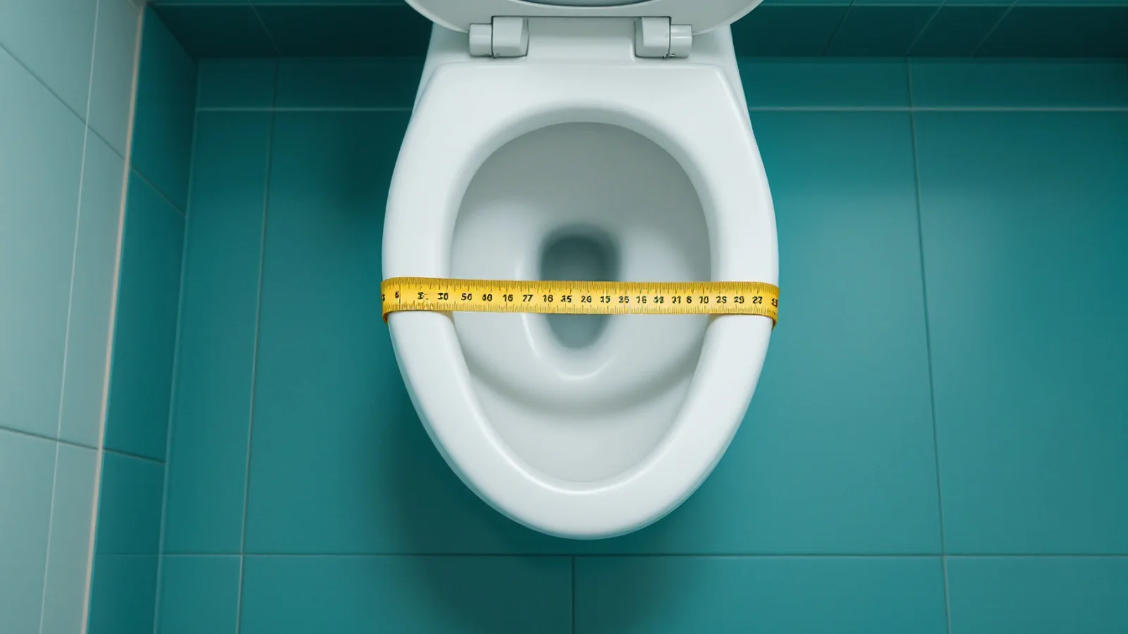 Measuring tape across a white elongated toilet bowl to check bidet seat fit