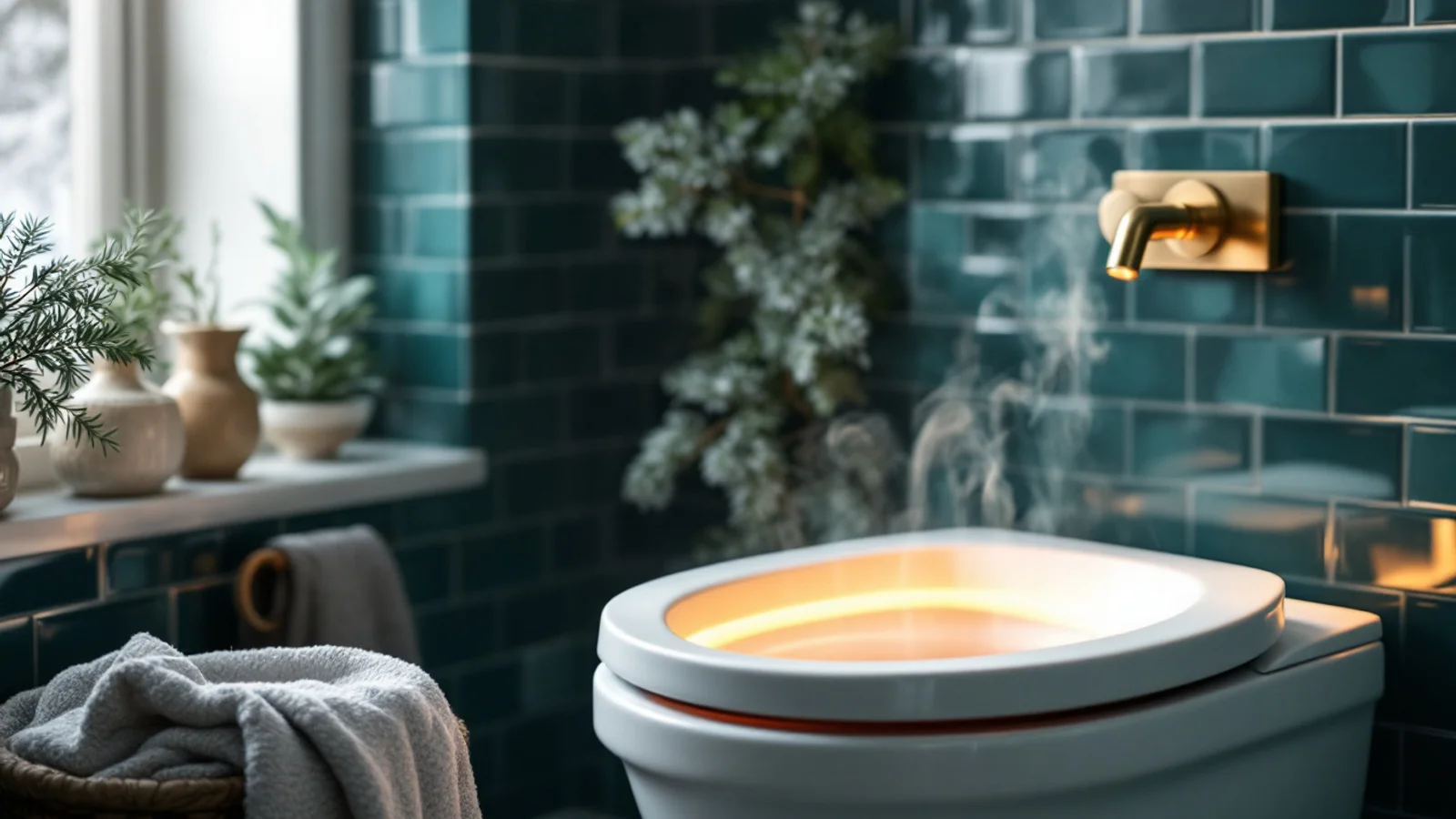 Warm cozy bathroom with a heated bidet seat and soft brass light on teal tiles
