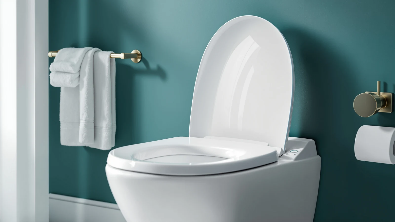 Modern spa bathroom with a sleek white bidet toilet seat, teal walls and brass fixtures