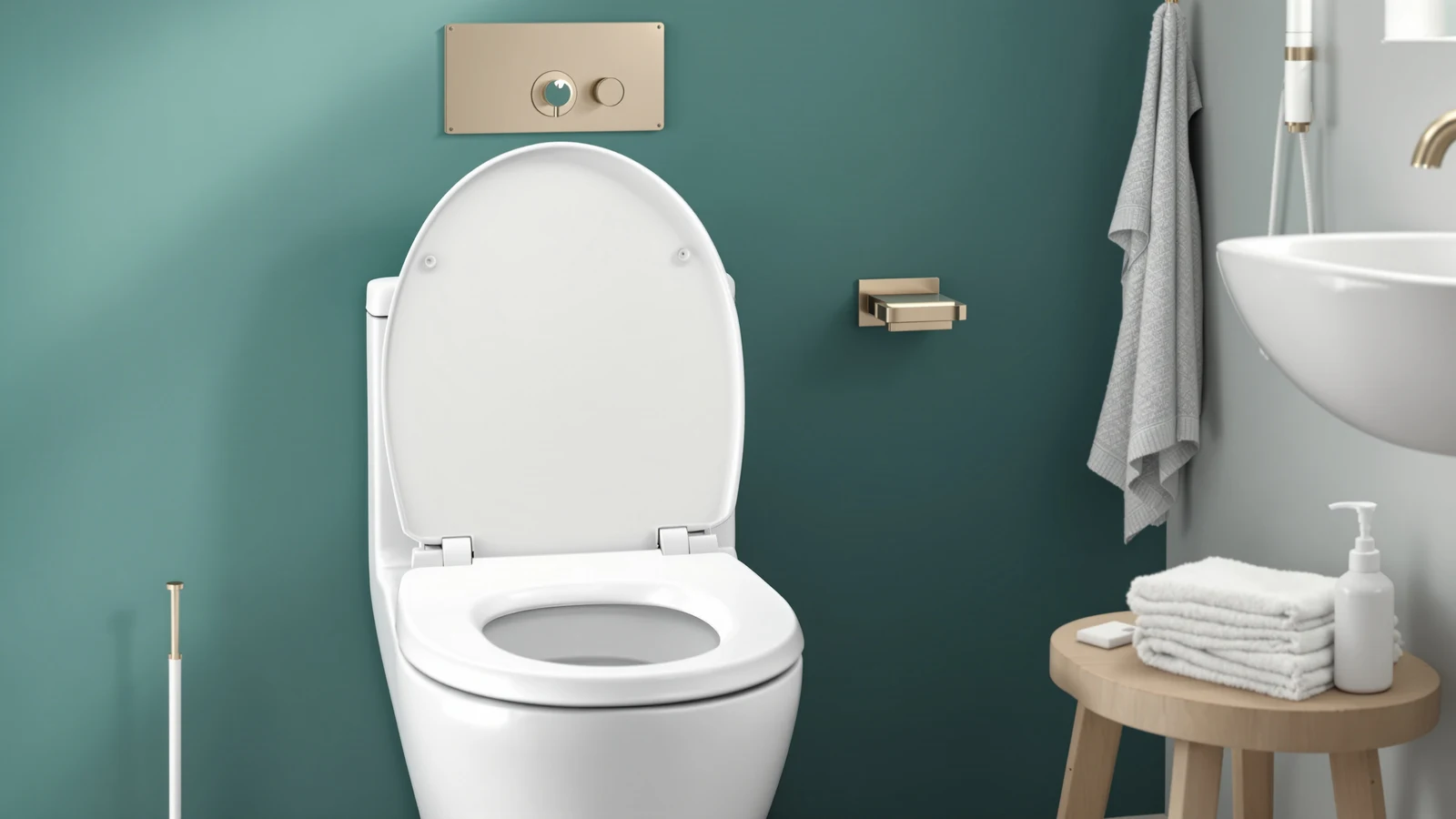 Person wiping down a white bidet toilet seat with a cloth in a clean teal-tiled bathroom