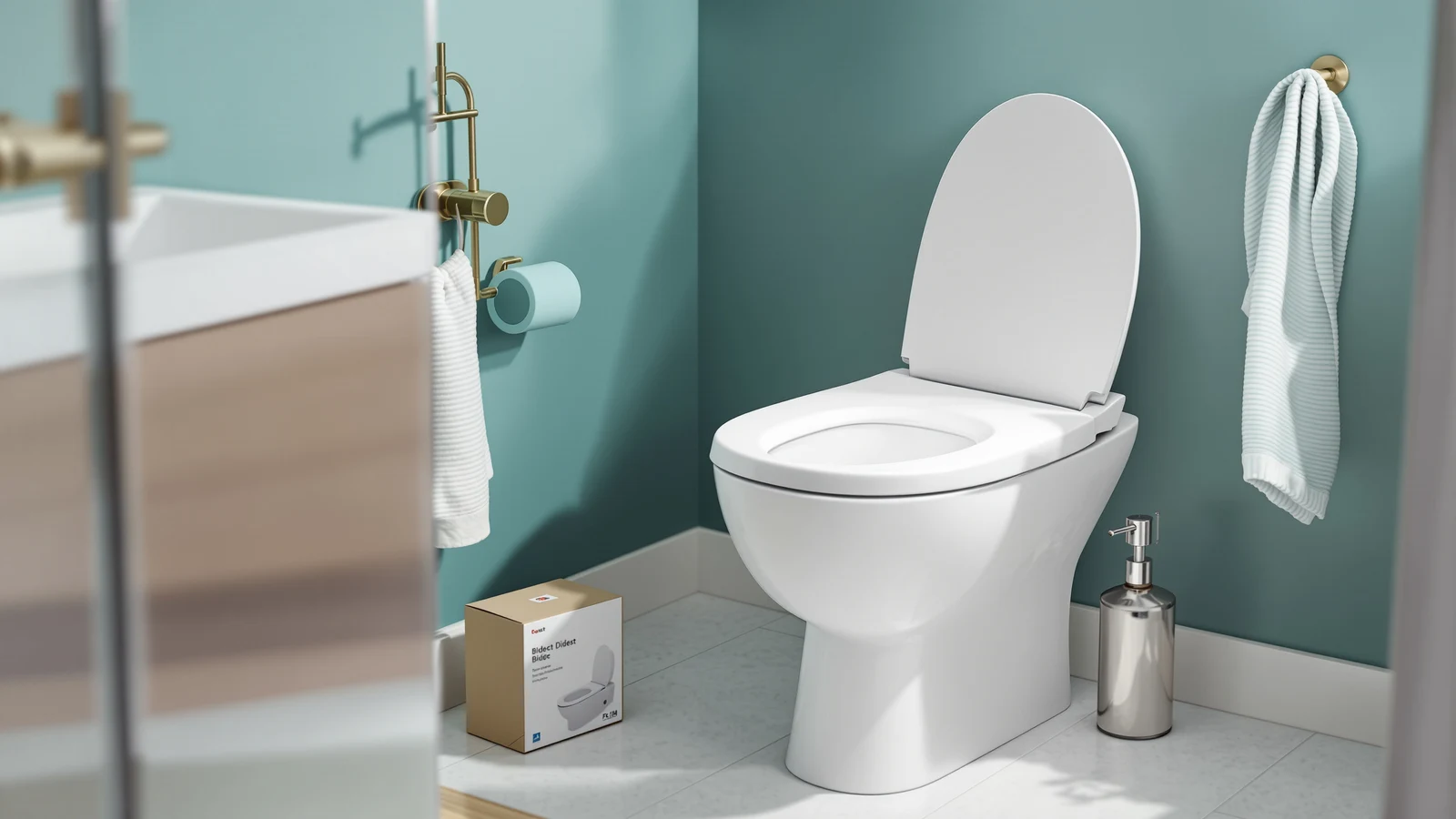 A plain white electric bidet toilet seat with a side control panel, fitted to a toilet in a simple bathroom