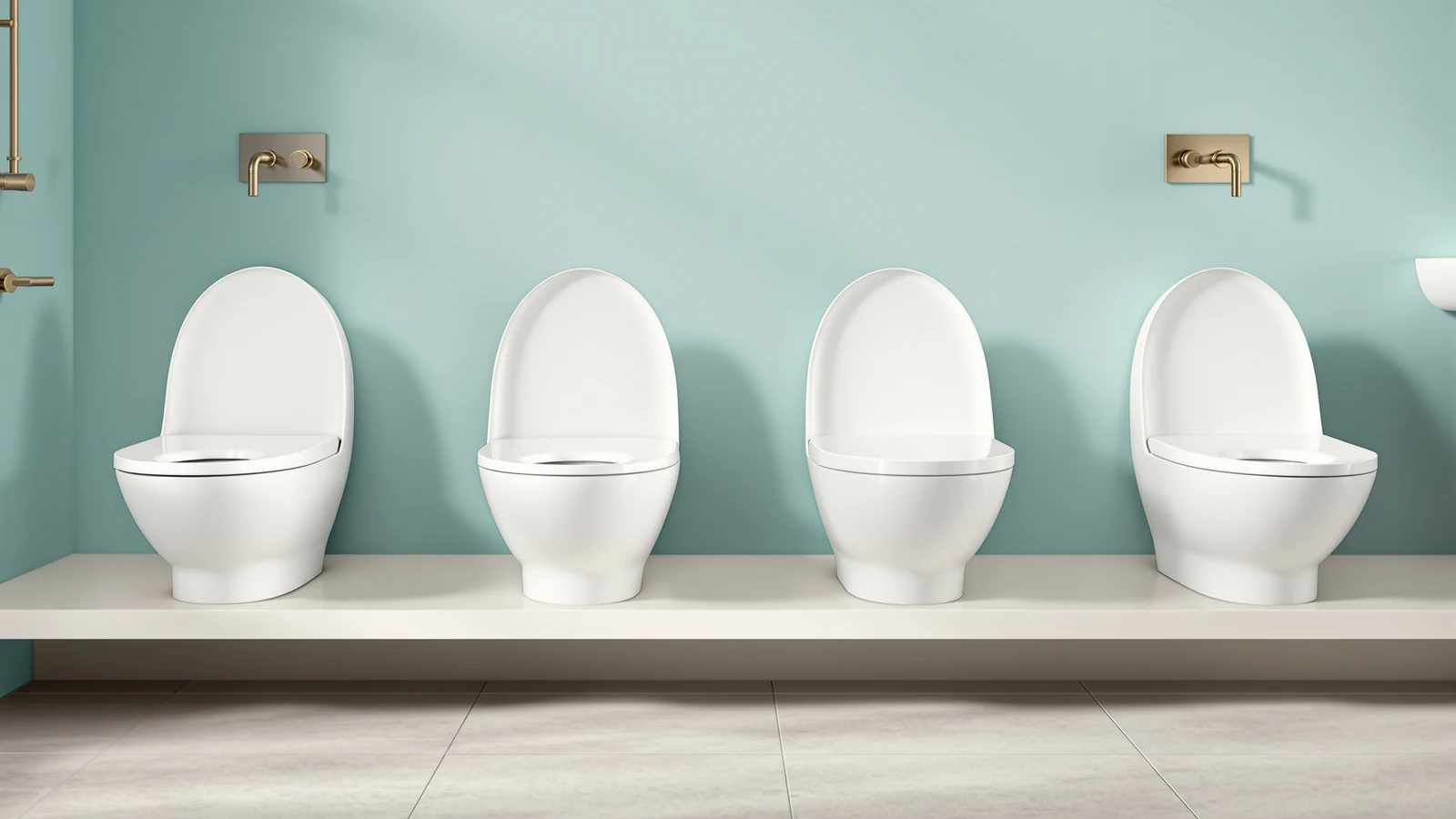 Four white VOVO bidet toilet seats arranged side by side, ranging from a simple non-electric seat to a heated electric model with a side panel