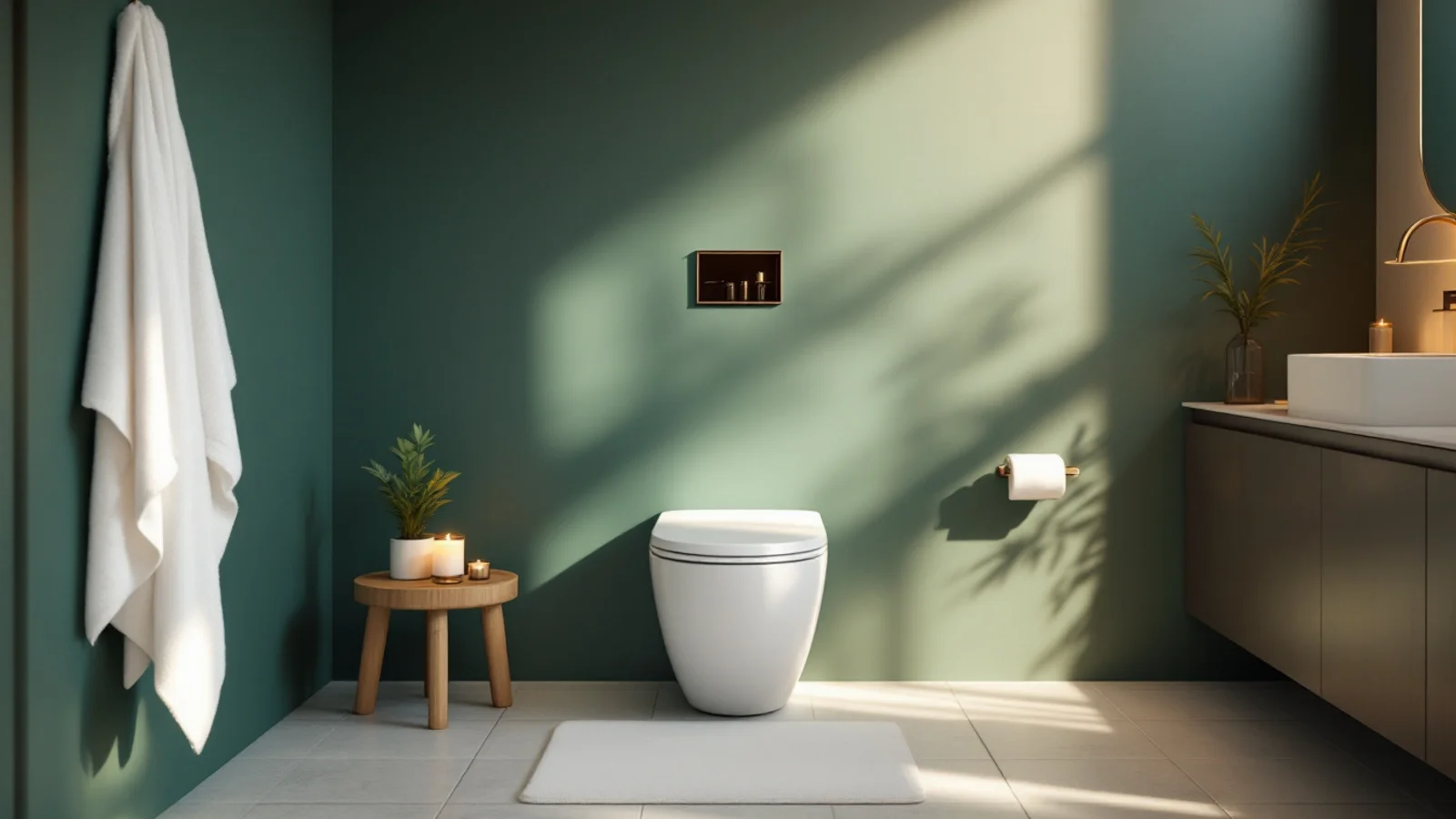 Calm teal spa bathroom with a modern white bidet toilet seat and warm evening light